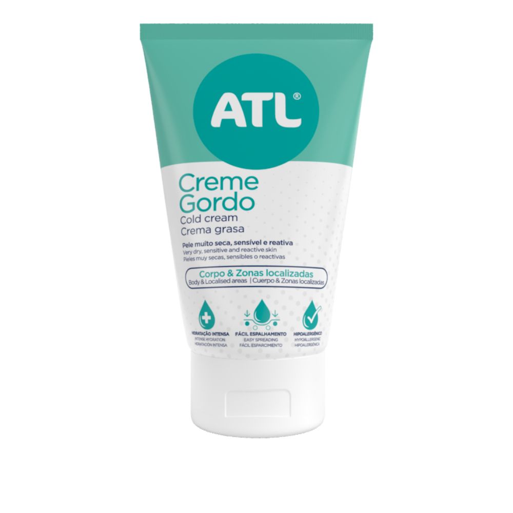 ATL® Creme gordo protege a pele da secura extrema causada por agentes externos (frio, vento, detergentes, etc.). Está também indicado para o cuidado das zonas mais secas do corpo (cotovelos, joelhos, pés).
